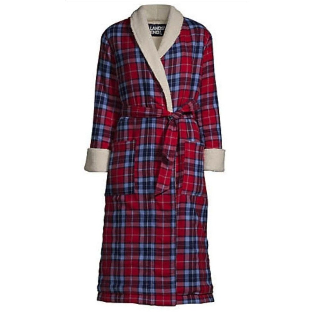 Lands' End Petite XS Flannel Sherpa Fleece Lined Long Robe NWT